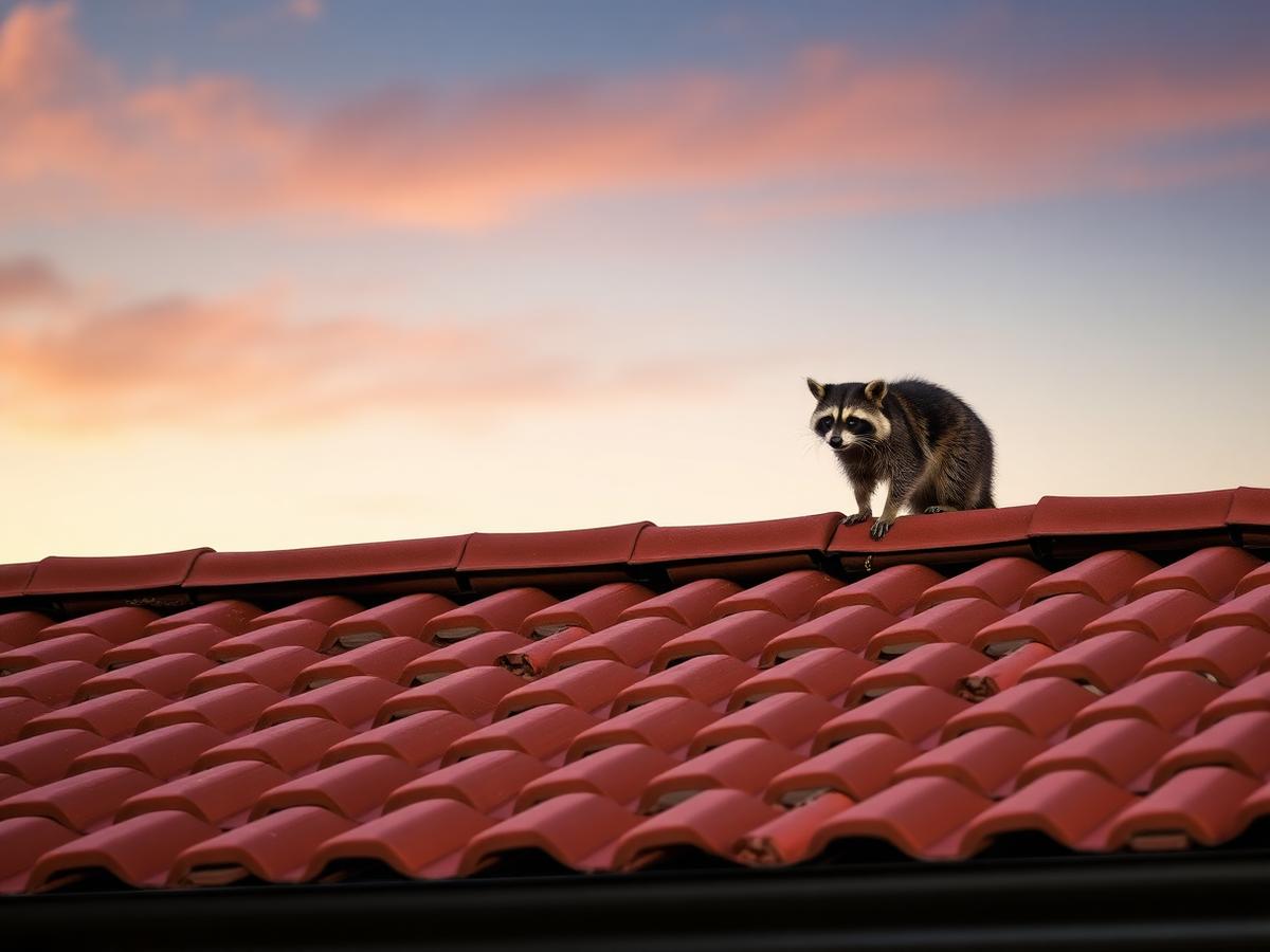 Raccoon on a tile roof at dusk